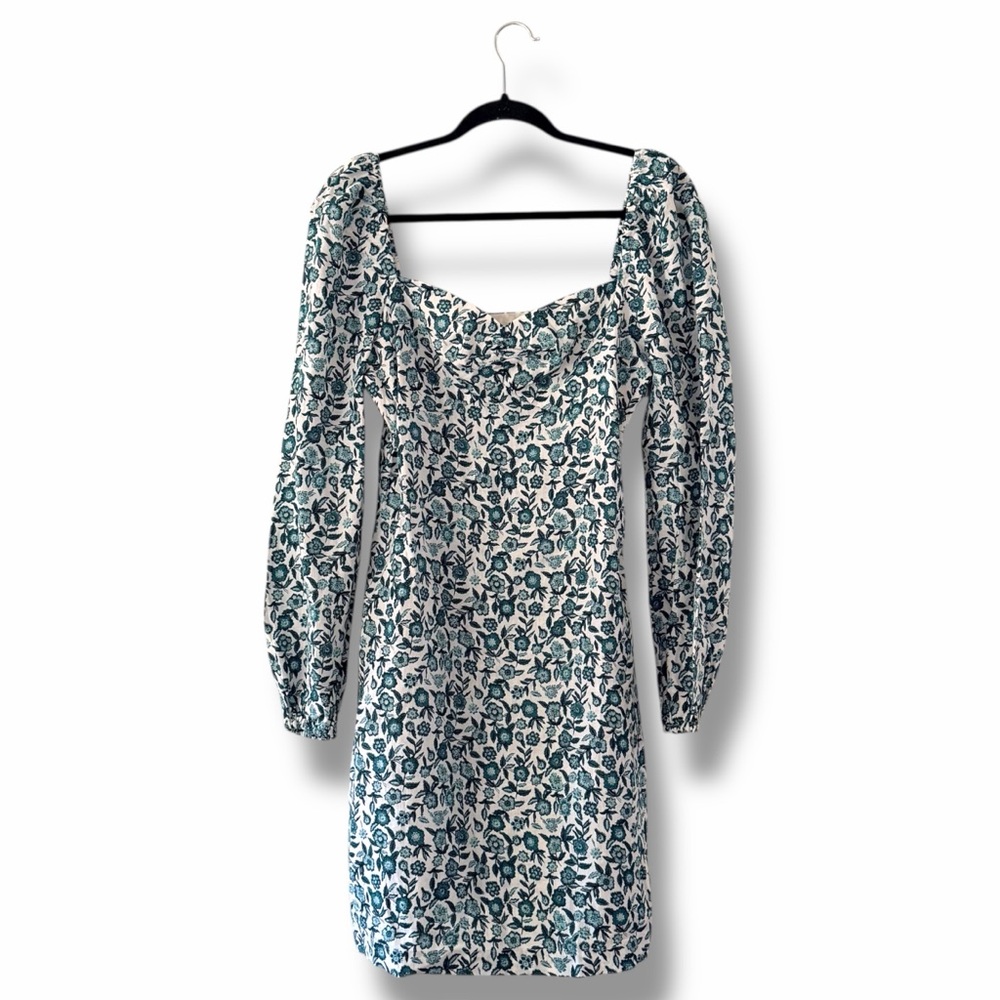 Boden Green Floral Pansy Bloom Linen Puff Sleeve Mini Dress Wedding Guest 8 Long
